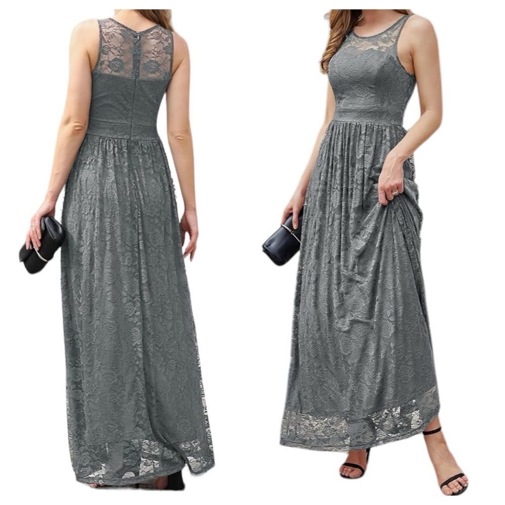 Wedtrend Gray Floral Lace Maxi Sleeveless Bridesmaid Formal Wedding Party Gown